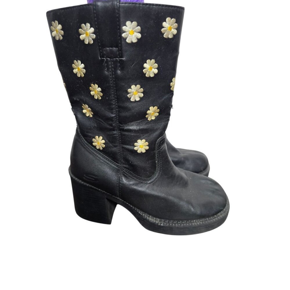 Vintage 90s Y2K Black Daisy Sketchers Grunge Mid-Calf Boots